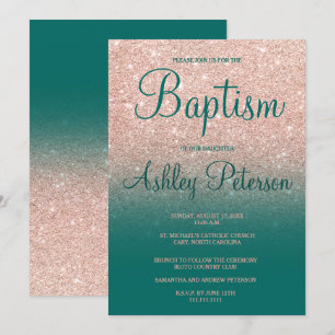 Invitation Rose or faux parties scintillant vert sombre baptê