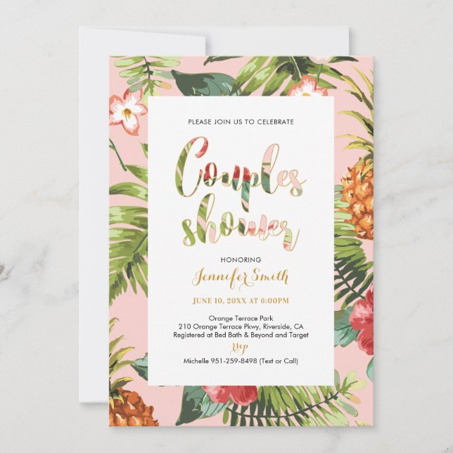 Invitation Rose & Or | Fête de mariage tropicale pour couples (Devant)