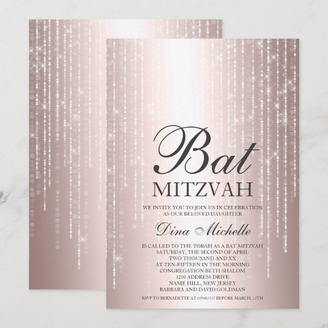 Invitation Rose or fil métallique lumières chic Bat mitzvah (Devant / Derrière)