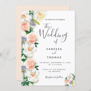 Invitation Rose or fleurs blanc script mariage