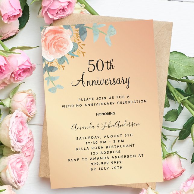 Invitation Rose or floral 50e anniversaire mariage luxe (Créateur téléchargé)