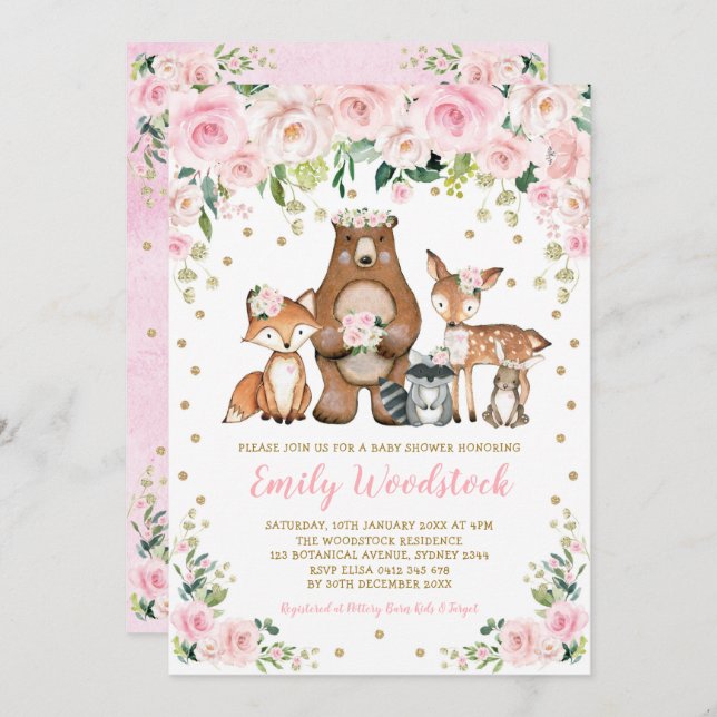 Invitation Rose or Floral Bois Animaux Fille Baby shower (Devant / Derrière)