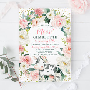 Invitation Rose or Floral fille vache 1er anniversaire