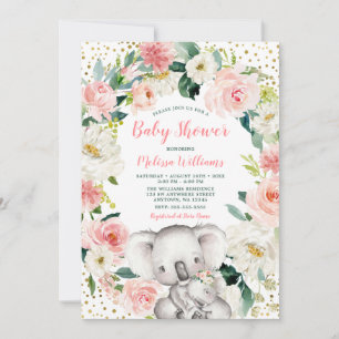 Invitation Rose or floral Koala Baby shower fille