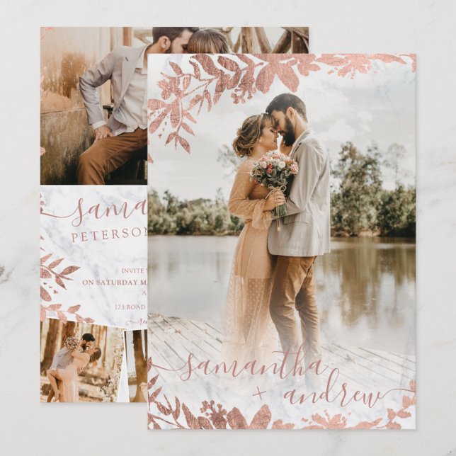 Invitation Rose or floral marbre script 5 photos mariage (Devant / Derrière)