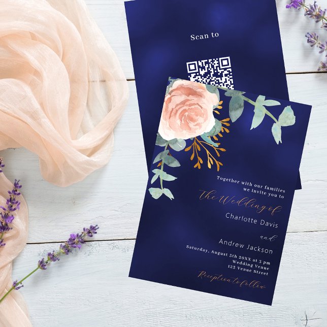 Invitation Rose or floral marine bleu QR RSVP mariage de luxe (Créateur téléchargé)