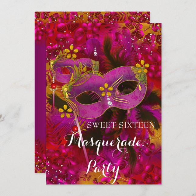 Invitation Rose Or Floral Masquerade Sweet 16 Party (Devant / Derrière)