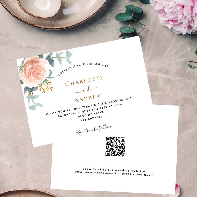 Invitation Rose or floral QR RSVP détails mariage de luxe (Créateur téléchargé)