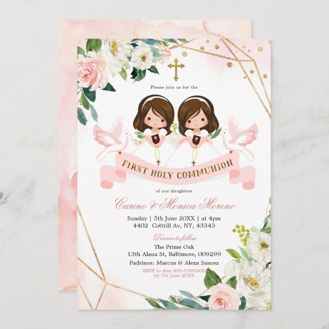 Invitation Rose & Or Floral Twin Girl First Holy Communion (Devant / Derrière)