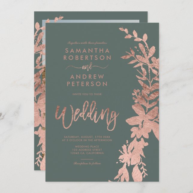 Invitation Rose or floral wreath chic eucalyptus mariage (Devant / Derrière)