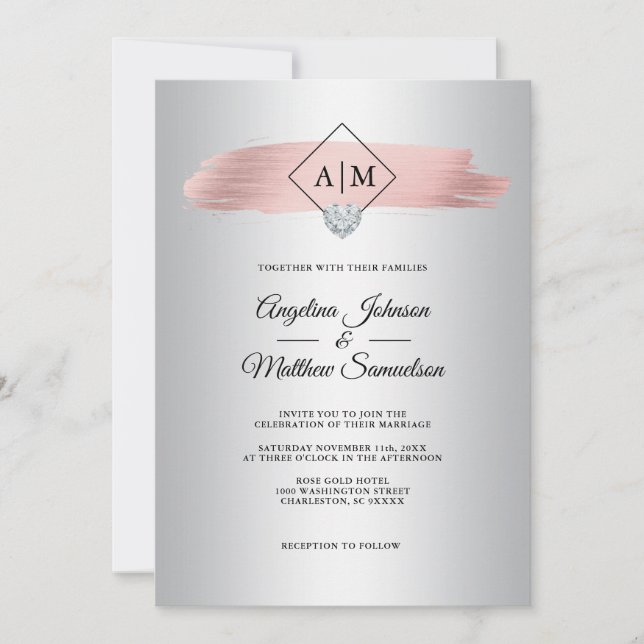 Invitation Rose or Foil Marbre Argent Marbre Monogram Mariage (Devant)