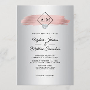 Invitation Rose or Foil Marbre Argent Marbre Monogram Mariage