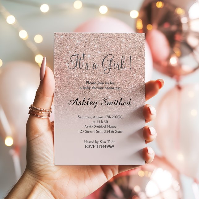 Invitation Rose or glam parties scintillant rose ombre fille  (Rose gold faux glitter pink ombre girl baby shower invitation)