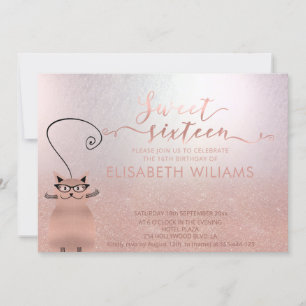 Invitation Rose or glittery ombre calligraphie drôle chat