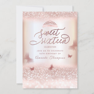 Invitation Rose or glittery papillon tiara calligraphie en