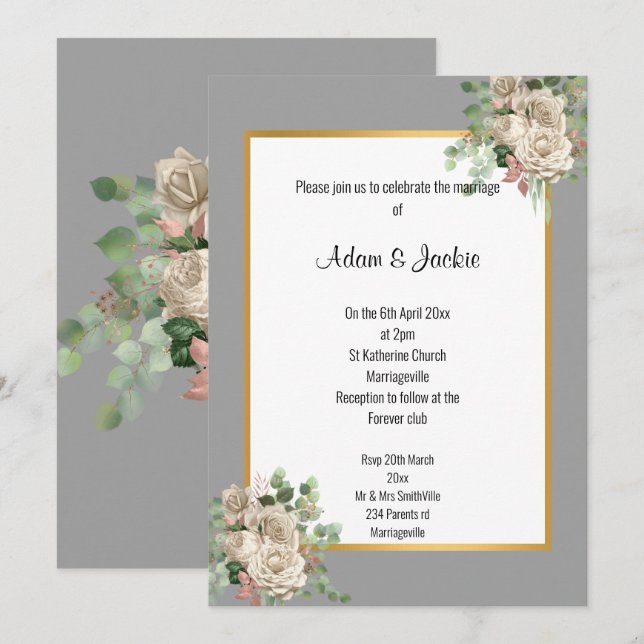INVITATION ROSE OR GRIS EUCALYPTUS MARIAGE BLANC 2 (Devant / Derrière)