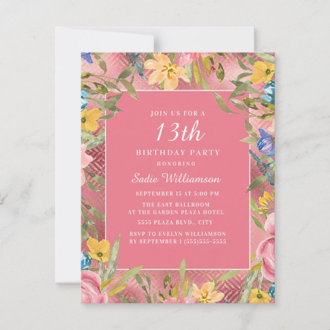 Invitation Rose or jaune bleu floral 13e anniversaire (Devant)