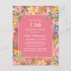 Invitation Rose or jaune bleu floral 13e anniversaire