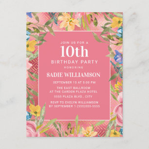 Invitation Rose or jaune bleu floral fille 10e anniversaire