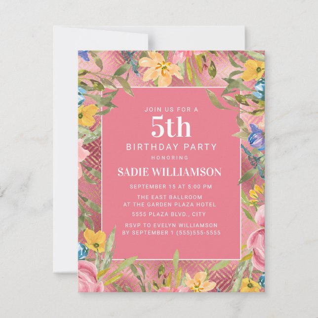 Invitation Rose or jaune bleu floral fille 5e anniversaire (Devant)