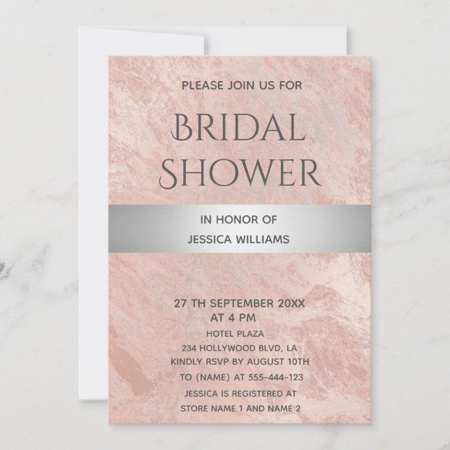 Invitation Rose or marbre argent rayé nuptiale douche (Devant)