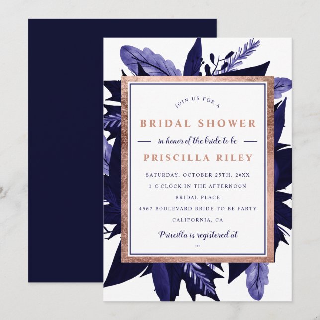 Invitation Rose or marine aquarelle fleurie douche nuptiale (Devant / Derrière)