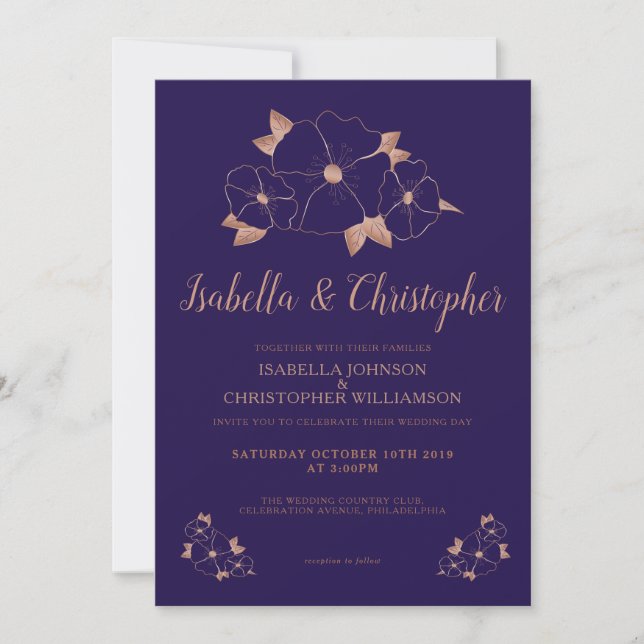 Invitation Rose or marine bleu floral moderne (Devant)
