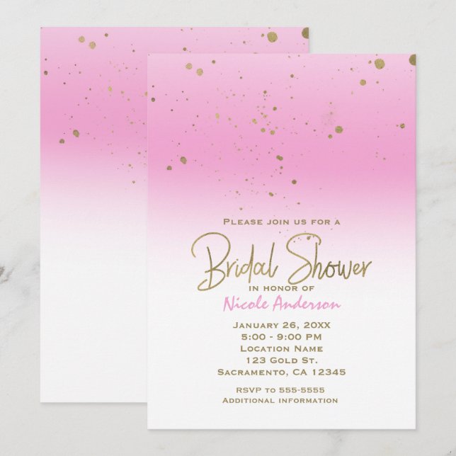 Invitation Rose & Or Moderne Glamour LANCEMENT DE MARIAGE Élé (Devant / Derrière)