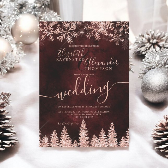 Invitation Rose or neige pin rouge Noël mariage d'hiver (Rose gold snow pine red Christmas winter wedding Invitation)