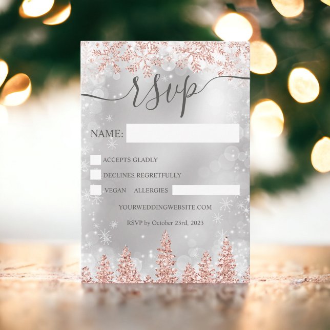 Invitation Rose or neige pinède marine Noël hiver rsvp (Rose gold snow pine navy Christmas winter rsvp Invitation)
