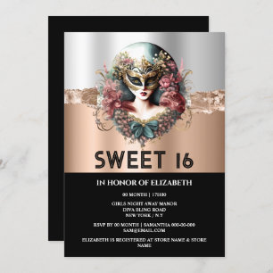 Invitation Rose or noir doux 16 filles mascarade masque