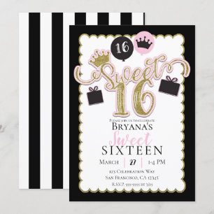 Invitation Rose Or Noir Douze Ans Rayé Fête d'Anniversaire