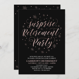 Invitation Rose or & Noir moderne Surprise Retraite Party