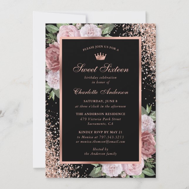 Invitation Rose Or noir rose Floral Sweet 16 Anniversaire (Devant)