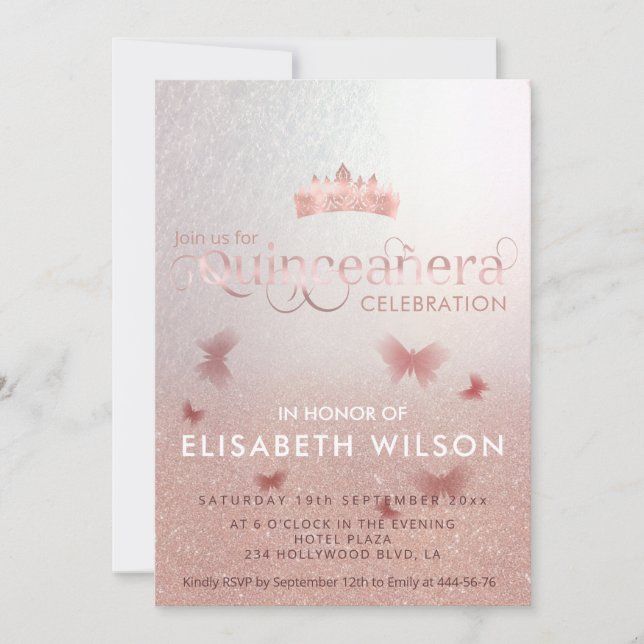 Invitation Rose or ombre papillon tiara Quinceañera (Devant)