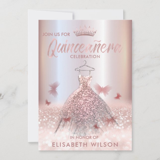 Invitation Rose or ombre papillon tiara Quinceañera Invit (Devant)