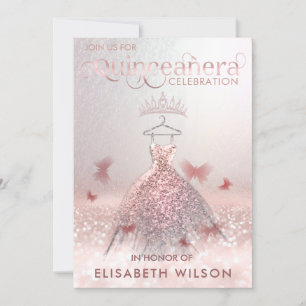 Invitation Rose or ombre papillon tiara Quinceañera Invit