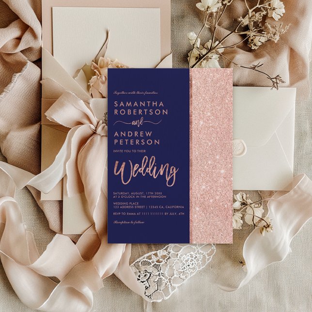 Invitation Rose or parties scintillant bleu marine couleur bl (Rose gold glitter navy blue color block wedding invitation)
