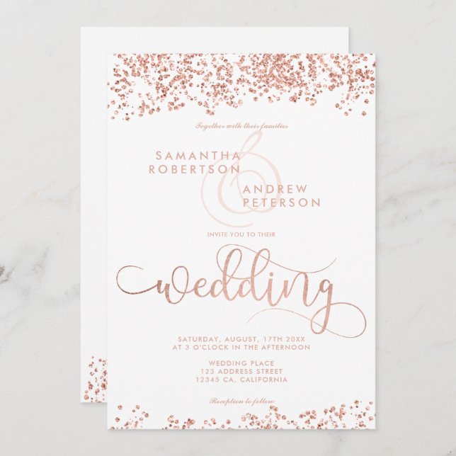 Invitation Rose or parties scintillant confetti blanc mariage (Devant / Derrière)