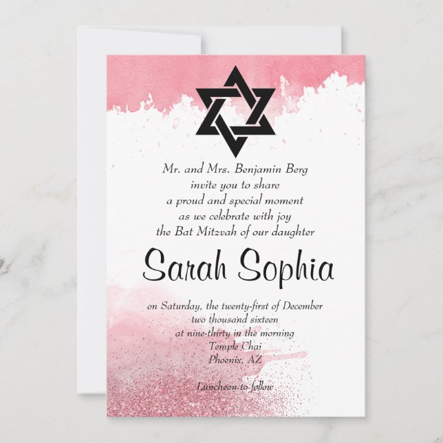 Invitation Rose or Parties scintillant d'aquarelle  fille Bat (Devant)