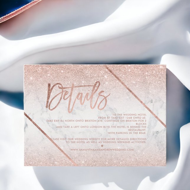 Invitation Rose or parties scintillant en marbre script maria (Rose gold glitter marble script wedding direction invitation)