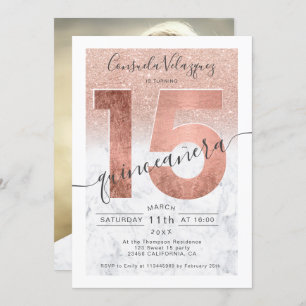 Invitation Rose or parties scintillant script marbre quincean