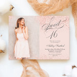 Invitation rose or parties scintillant script rose pâle photo<br><div class="desc">Une simple parties scintillant en or rose moderne scintille élégamment sur personnalisable Sweet sixteen rose pâle invitation anniversaire,  ajoutez votre photo avec un élégant script de calligraphie tourbillonnante.</div>