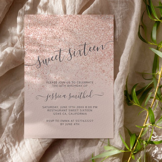 Invitation Rose or parties scintillant typographie rose pâle  (Créateur téléchargé)