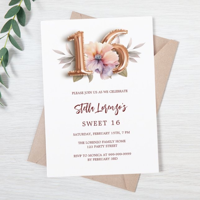 Invitation Rose or pêche floral Sweet 16 luxe (Créateur téléchargé)