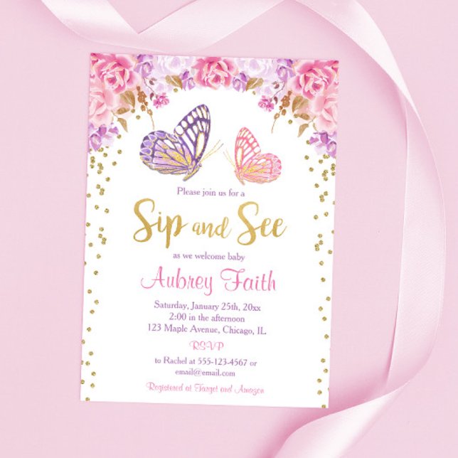 Invitation Rose or pourpre papillon sip et voir bébé fille (Créateur téléchargé)