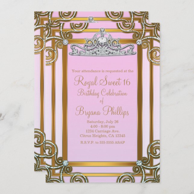 Invitation Rose & Or Princesse Crown Tiara Sweet 16 Party (Devant / Derrière)
