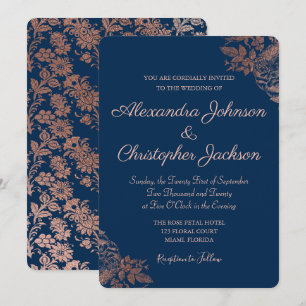 Invitation Rose or rose et bleu marine Floral Rose Mariage
