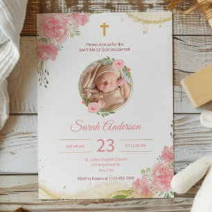 Invitation Rose or rose floral photo Baptême Christening