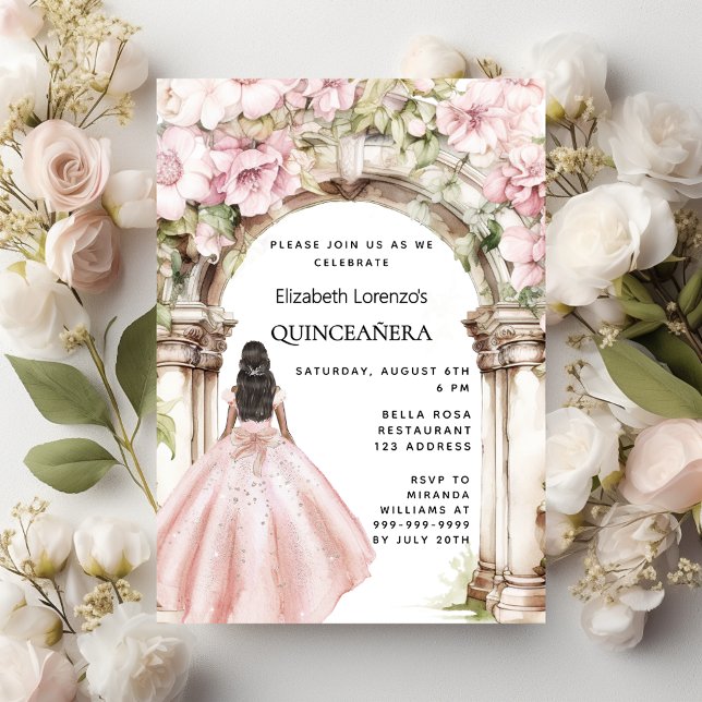 Invitation Rose or rose florales robe d'arc Quinceanera (Créateur téléchargé)